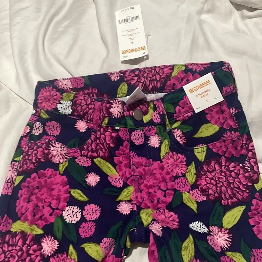Gymboree 6 floral raspberry print adjustable waist corduroy pockets